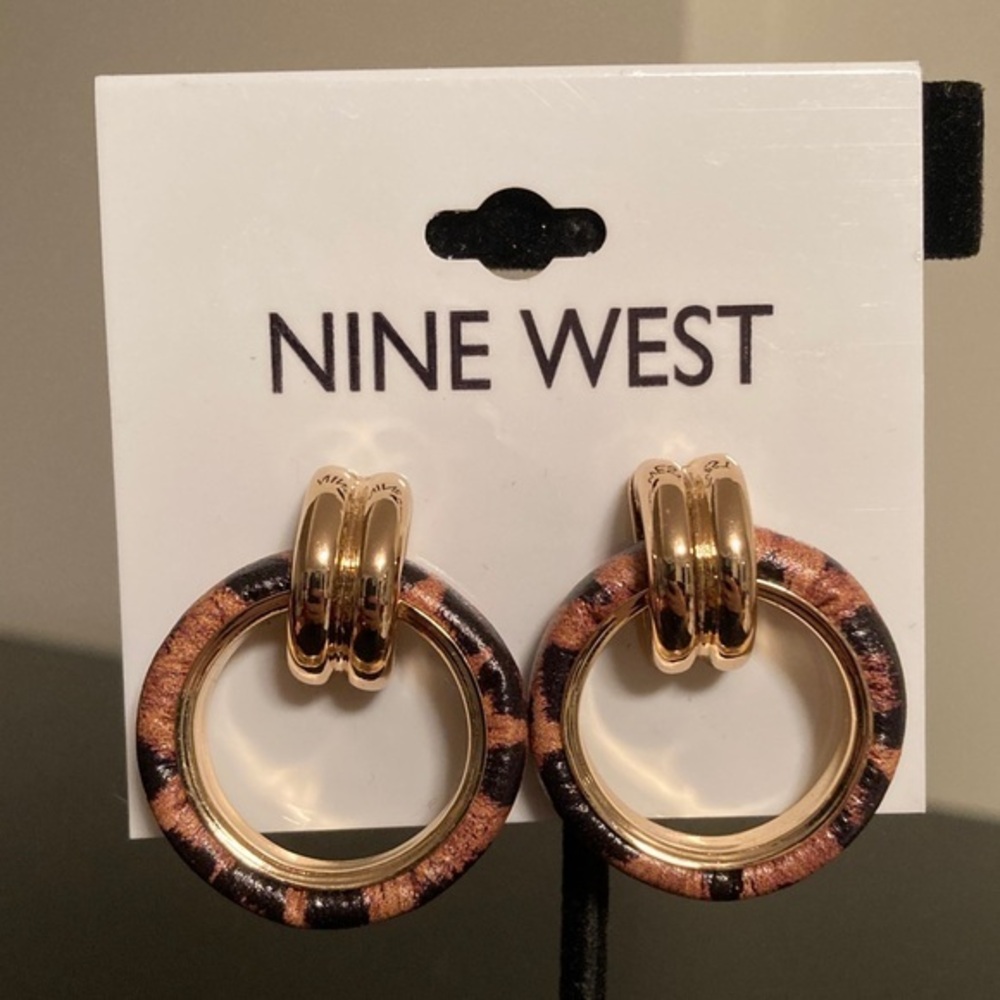 Nine West Gold and Brown Patterned Hoop Earrings